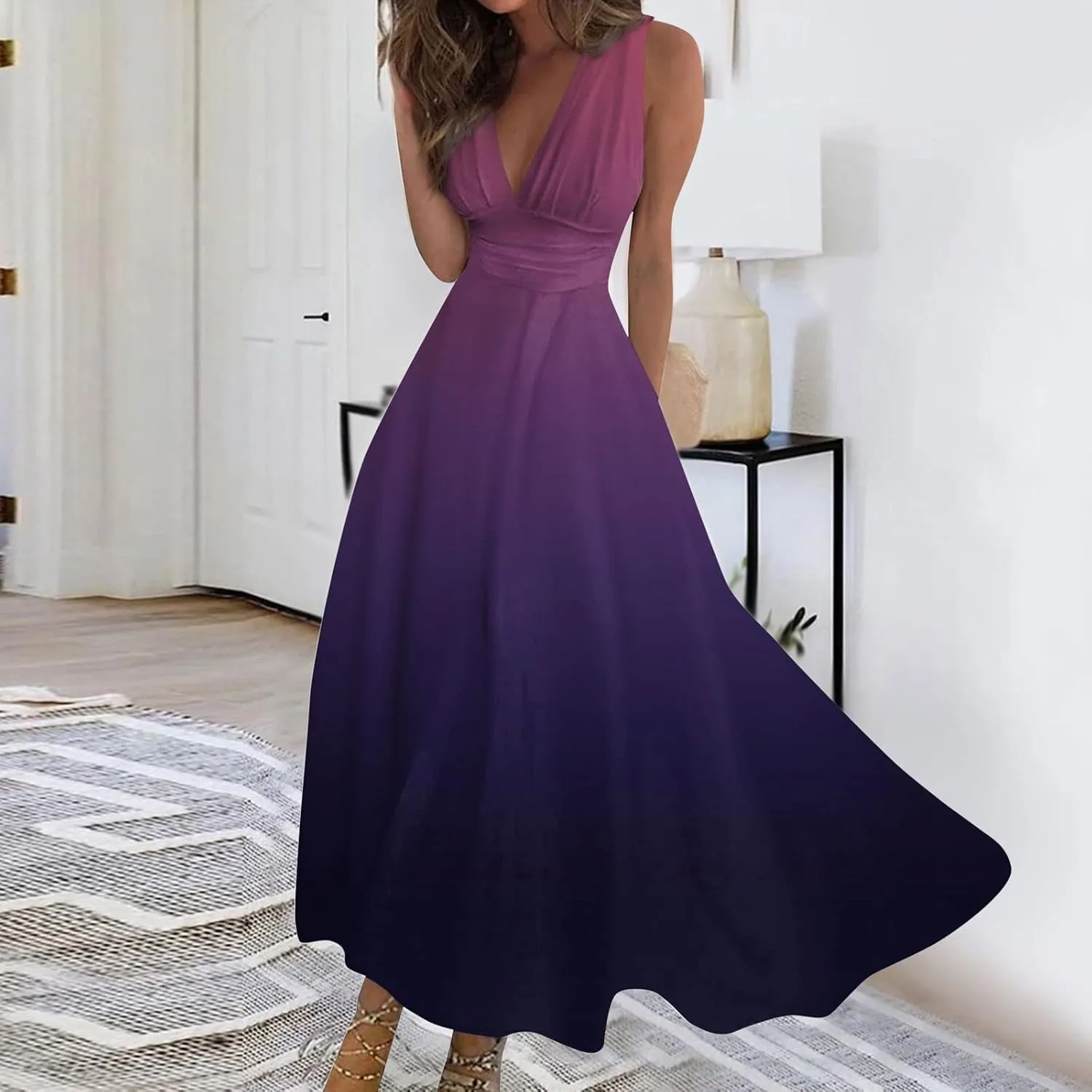 Vacation Dresses for Women, Summer Beach Plus Size V-Neck Sleeveless Fashion Dress Flowy Floral Printing Long Dresses