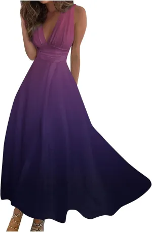 Vacation Dresses for Women, Summer Beach Plus Size V-Neck Sleeveless Fashion Dress Flowy Floral Printing Long Dresses