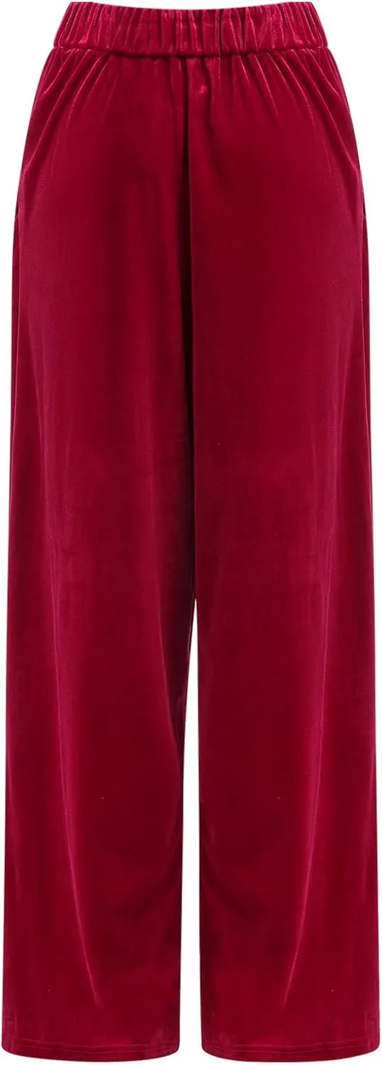 Velvet Pants for Women High Waist Loose Wide Leg Pants Casual Office Velour Long Trousers with Pockets