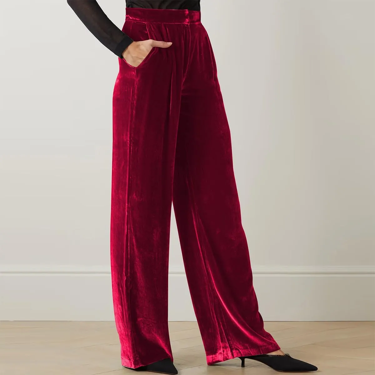 Velvet Pants for Women High Waist Loose Wide Leg Pants Casual Office Velour Long Trousers with Pockets