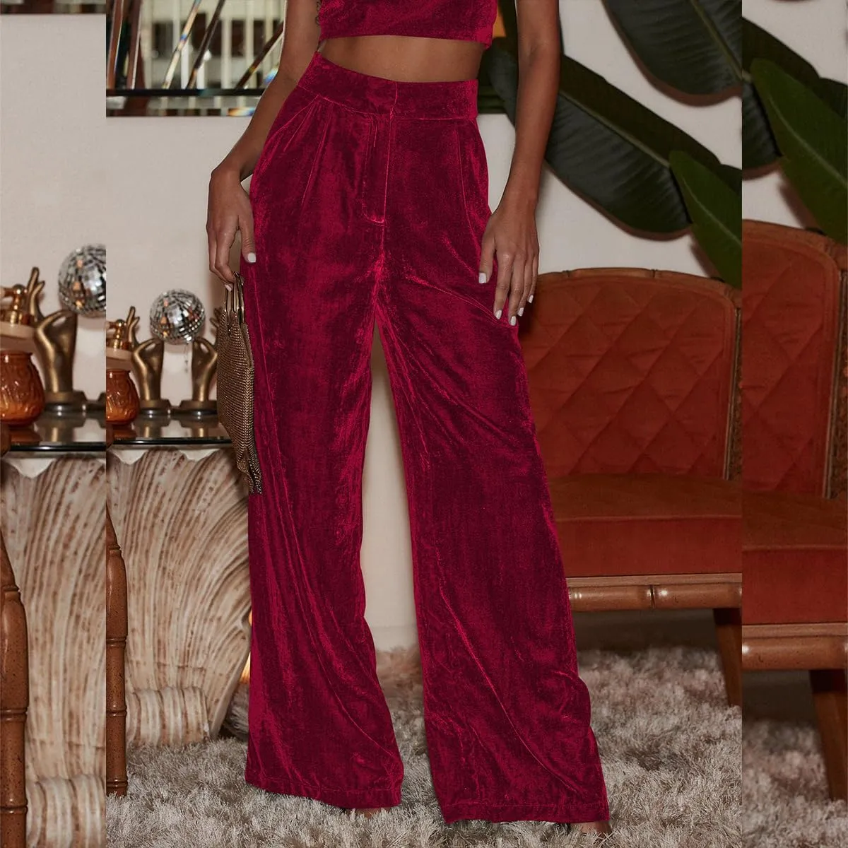 Velvet Pants for Women High Waist Loose Wide Leg Pants Casual Office Velour Long Trousers with Pockets