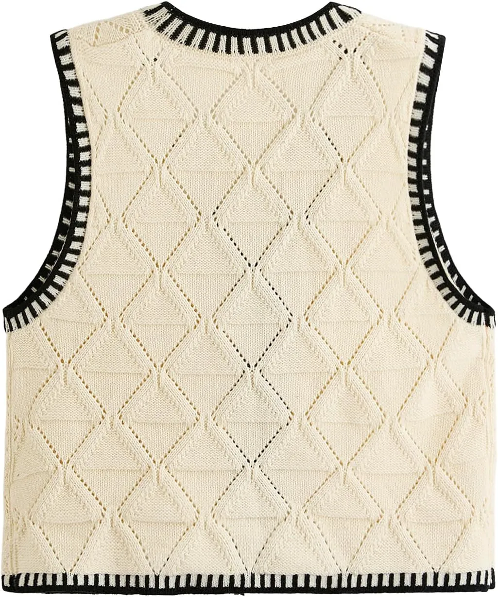 Verdusa Women's Old Money Bow Tie Crochet Sweater Vest Contrast Binding Knot Front V Neck Knit Top