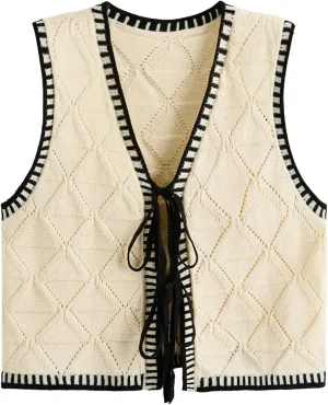 Verdusa Women's Old Money Bow Tie Crochet Sweater Vest Contrast Binding Knot Front V Neck Knit Top