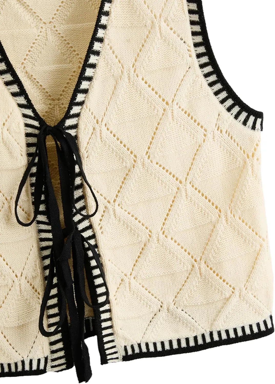 Verdusa Women's Old Money Bow Tie Crochet Sweater Vest Contrast Binding Knot Front V Neck Knit Top