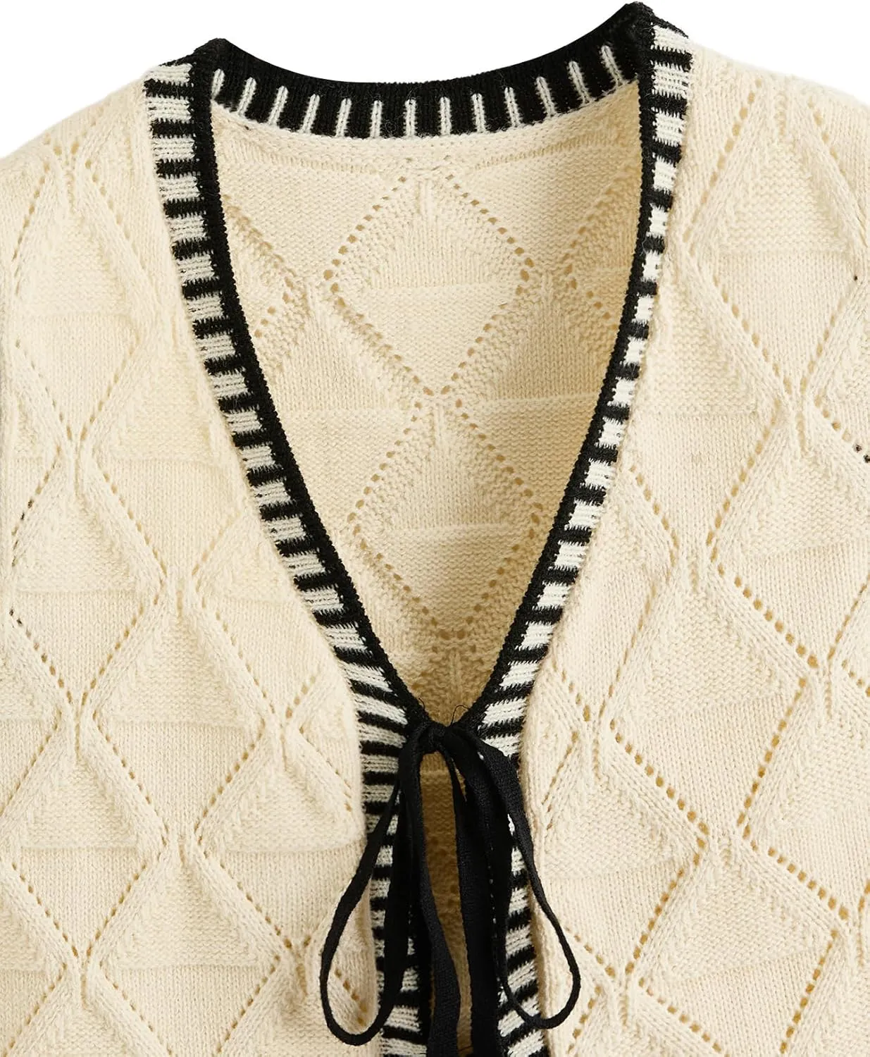 Verdusa Women's Old Money Bow Tie Crochet Sweater Vest Contrast Binding Knot Front V Neck Knit Top