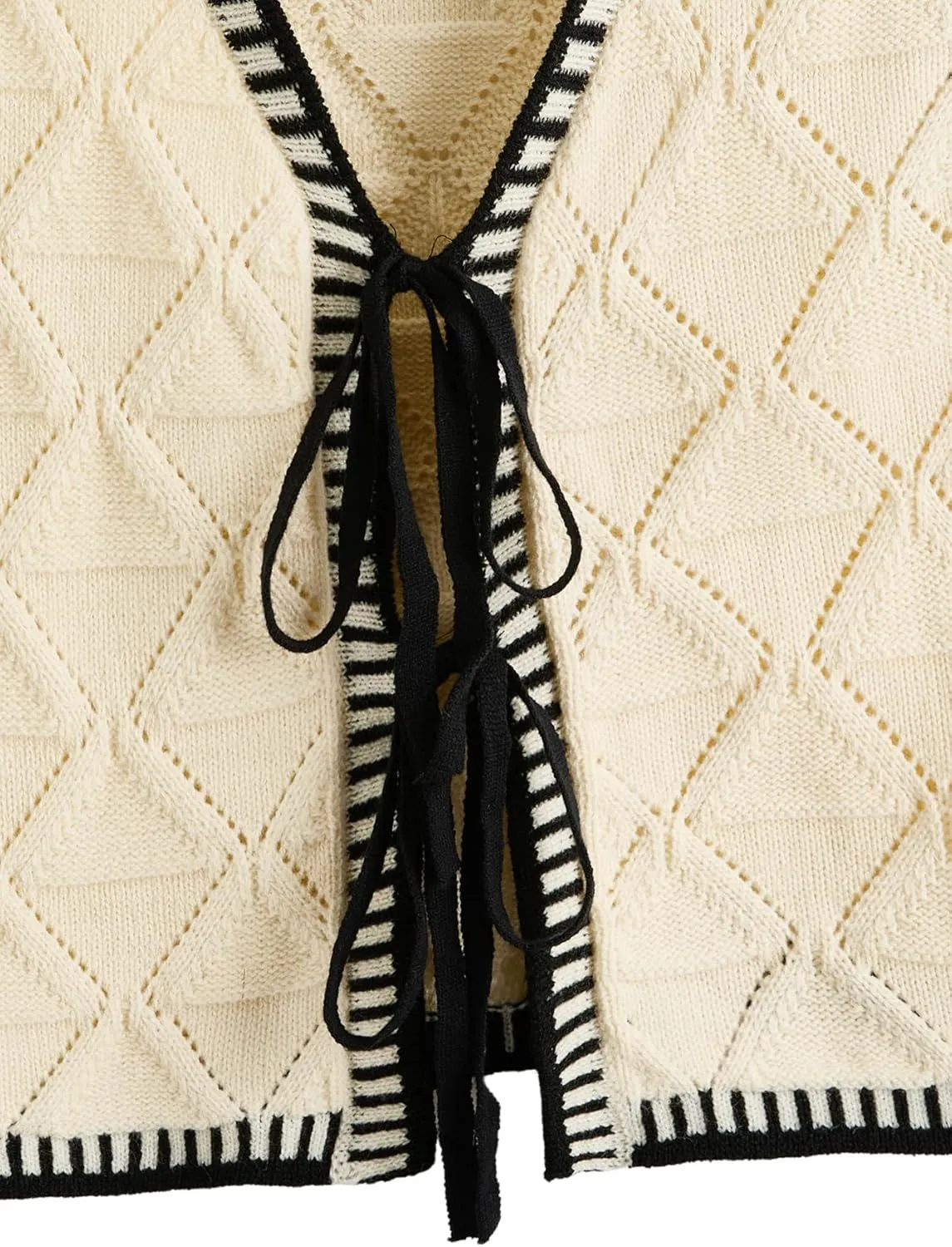 Verdusa Women's Old Money Bow Tie Crochet Sweater Vest Contrast Binding Knot Front V Neck Knit Top
