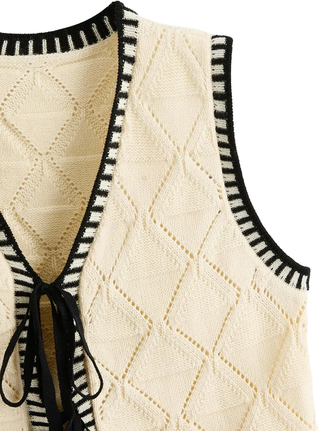 Verdusa Women's Old Money Bow Tie Crochet Sweater Vest Contrast Binding Knot Front V Neck Knit Top