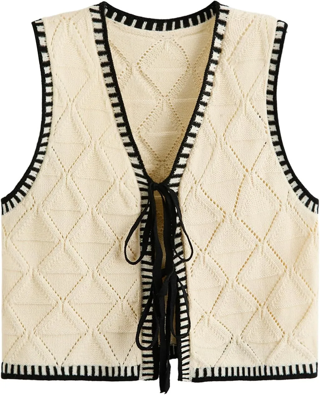 Verdusa Women's Old Money Bow Tie Crochet Sweater Vest Contrast Binding Knot Front V Neck Knit Top
