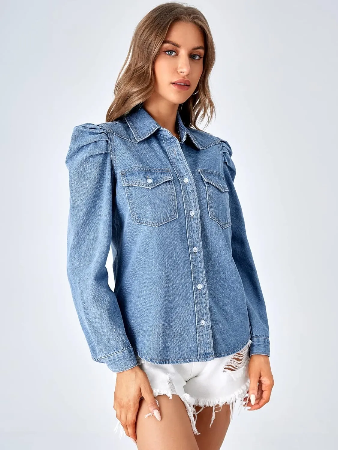 Verdusa Women's Puff Long Sleeve Collar Button Up Denim Shirt Blouse Top with Flap Pocket