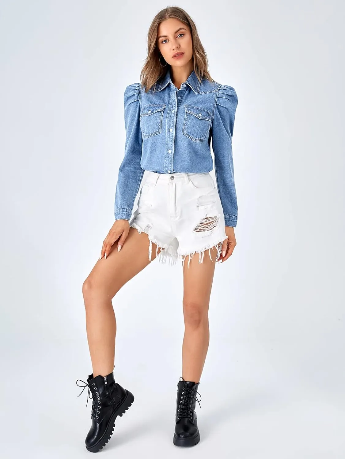 Verdusa Women's Puff Long Sleeve Collar Button Up Denim Shirt Blouse Top with Flap Pocket