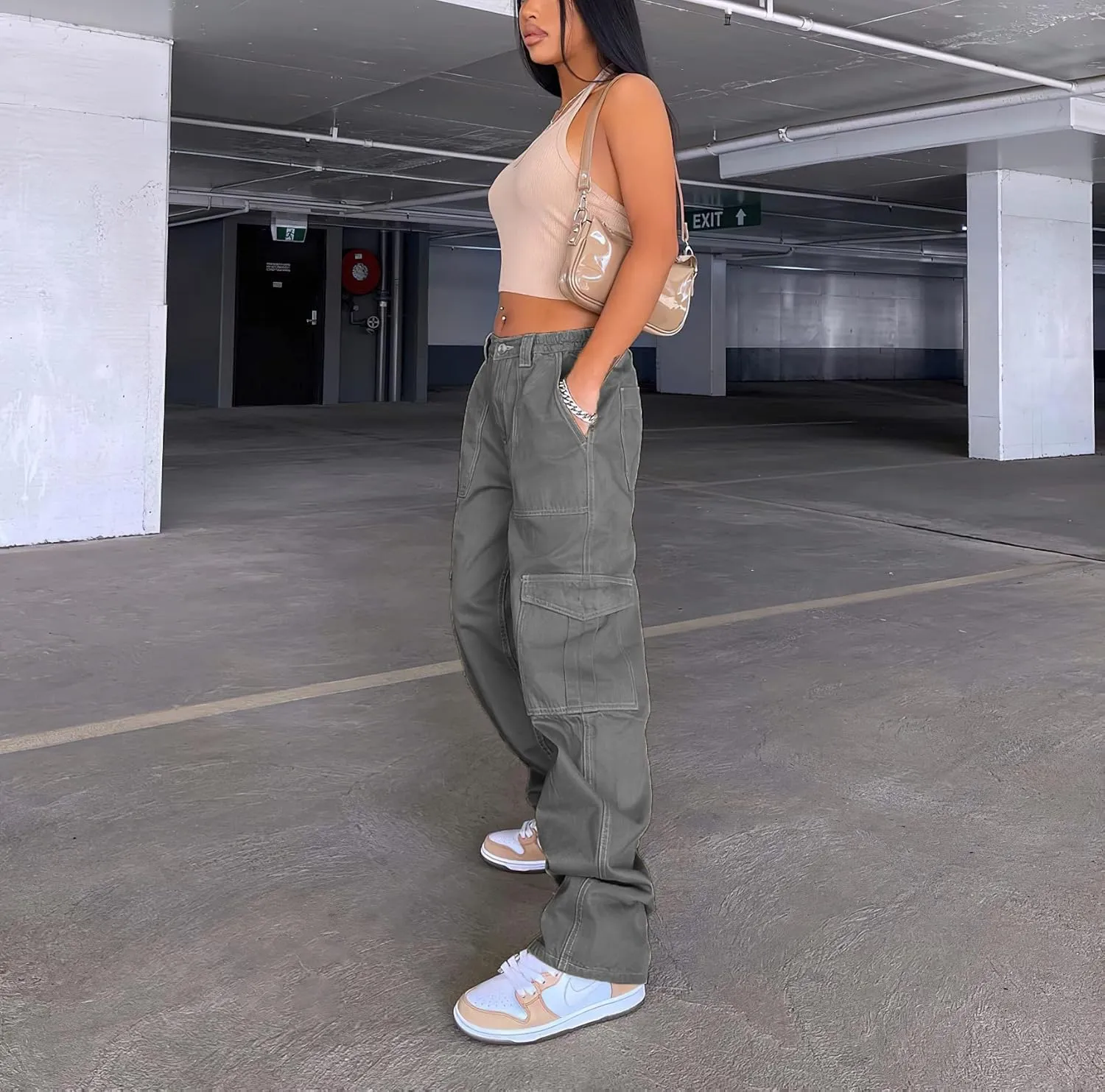 Viatabuna Women's High Waist Straight Leg Y2K Streetwear Cargo Pants Baggy Boyfriend Jeans with Pocket