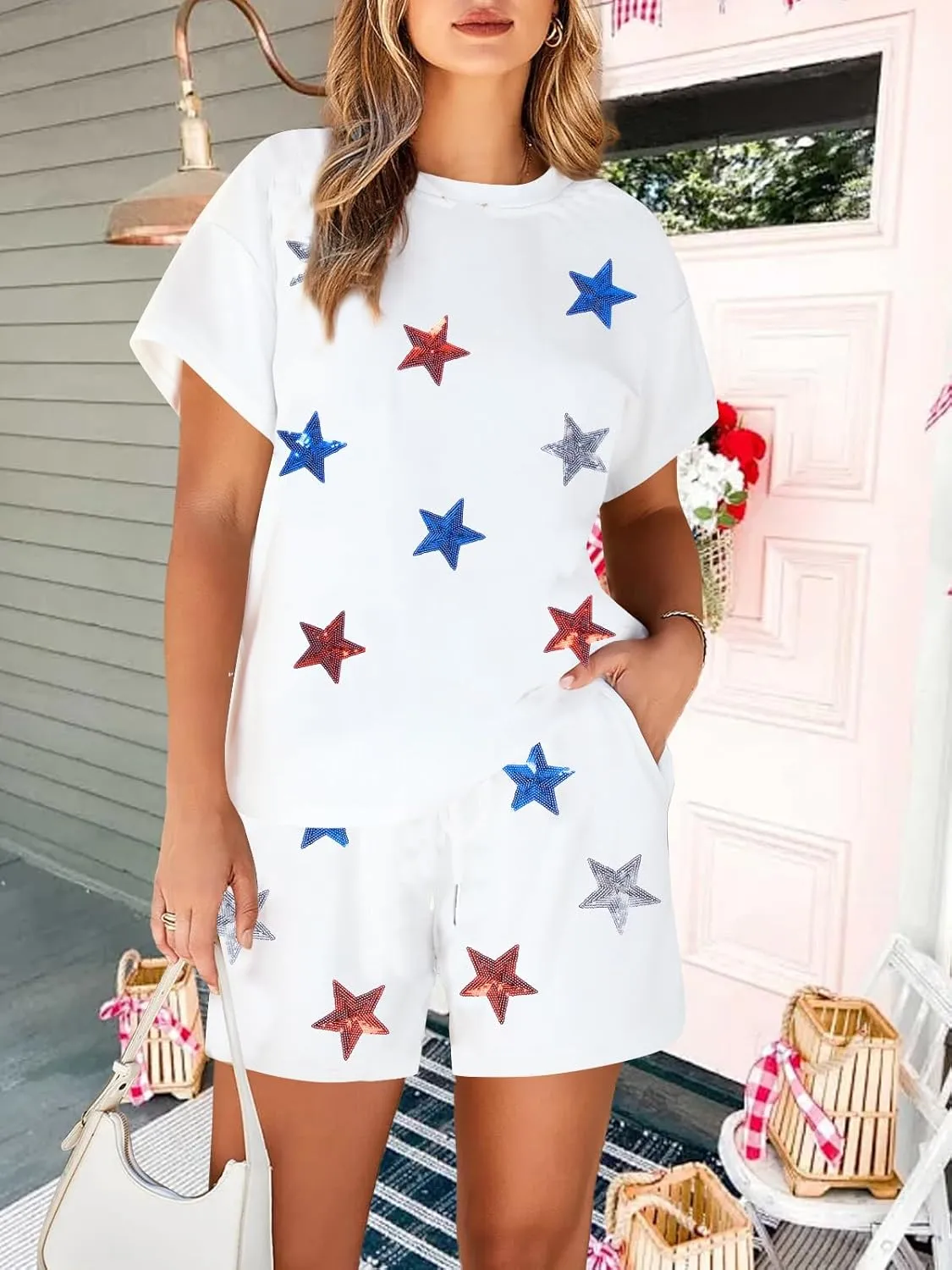 VILOVE 4th of July 2 Piece Sequin Outfits Women Star Stripe Shirts and Short Sets Casual Patriotic Shirt Summer Set