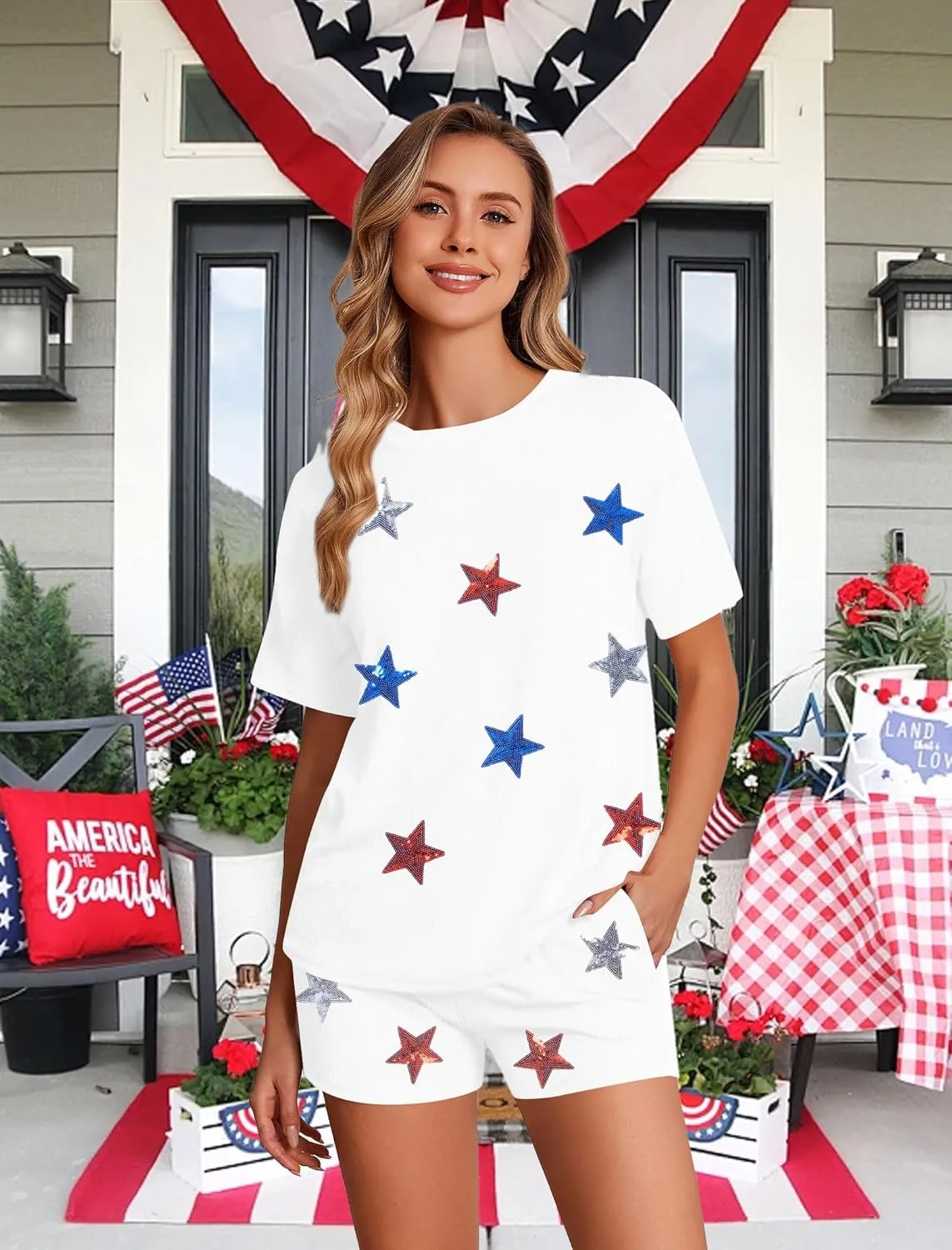 VILOVE 4th of July 2 Piece Sequin Outfits Women Star Stripe Shirts and Short Sets Casual Patriotic Shirt Summer Set
