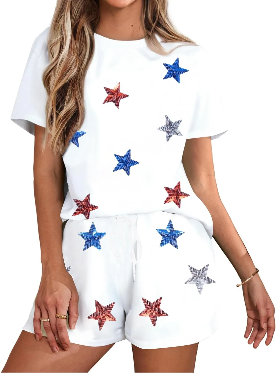 VILOVE 4th of July 2 Piece Sequin Outfits Women Star Stripe Shirts and Short Sets Casual Patriotic Shirt Summer Set