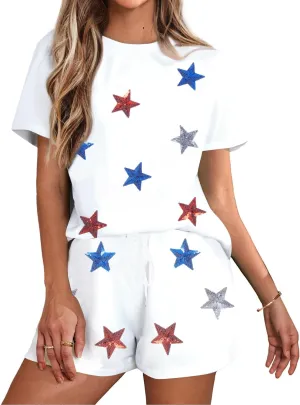 VILOVE 4th of July 2 Piece Sequin Outfits Women Star Stripe Shirts and Short Sets Casual Patriotic Shirt Summer Set