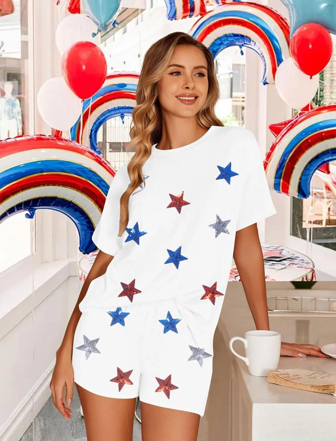 VILOVE 4th of July 2 Piece Sequin Outfits Women Star Stripe Shirts and Short Sets Casual Patriotic Shirt Summer Set