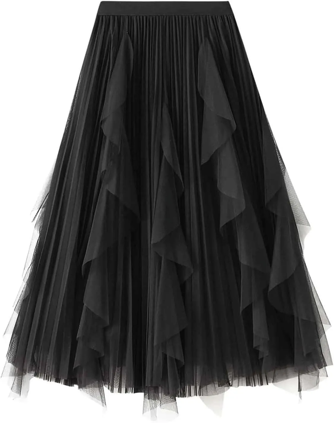 Waist Skirts Women's Ruffle Tulle Skirt Fairy Elastic High Waist Tutu Midi Skirt Elegant A-Line Swing Pleated Skirt Black