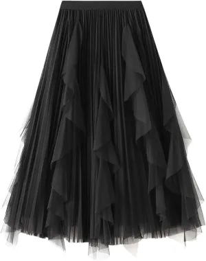 Waist Skirts Women's Ruffle Tulle Skirt Fairy Elastic High Waist Tutu Midi Skirt Elegant A-Line Swing Pleated Skirt Black