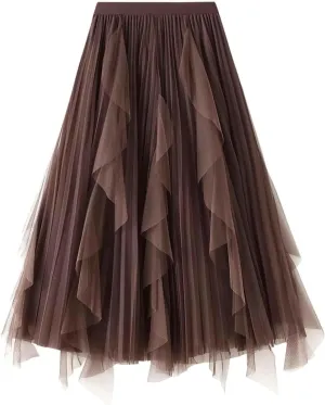 Waist Skirts Women's Ruffle Tulle Skirt Fairy Elastic High Waist Tutu Midi Skirt Elegant A-Line Swing Pleated Skirt Coffee