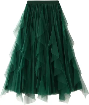Waist Skirts Women's Ruffle Tulle Skirt Fairy Elastic High Waist Tutu Midi Skirt Elegant A-Line Swing Pleated Skirt Green, 80cm