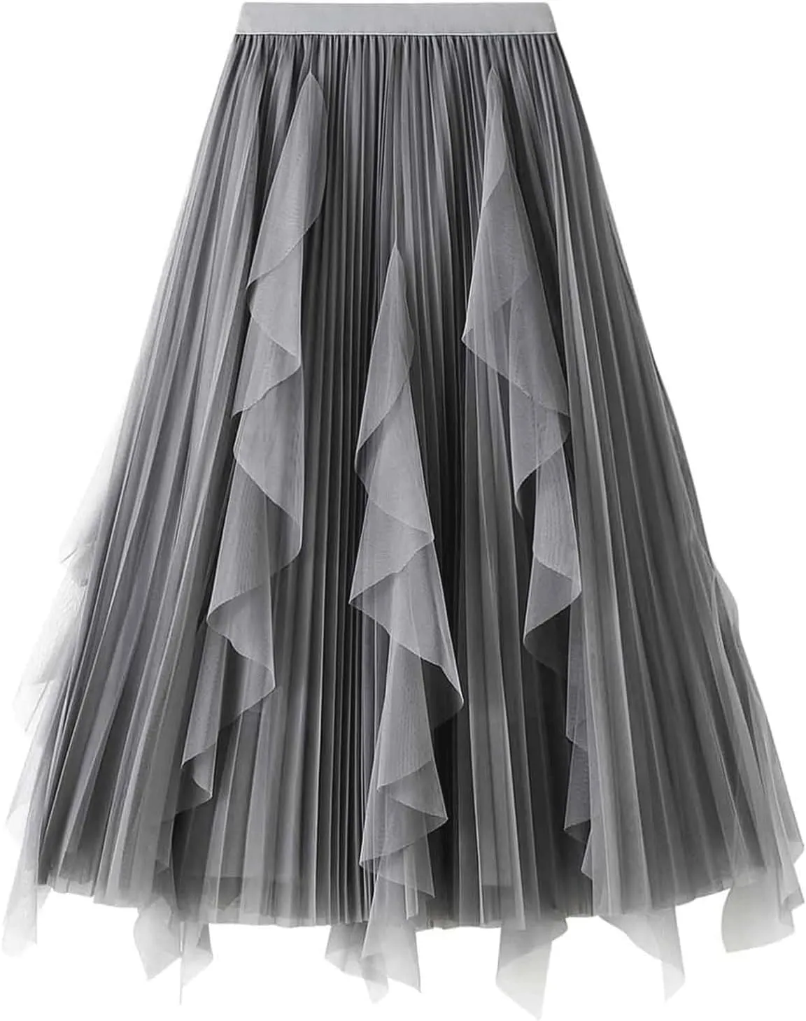 Waist Skirts Women's Ruffle Tulle Skirt Fairy Elastic High Waist Tutu Midi Skirt Elegant A-Line Swing Pleated Skirt Grey