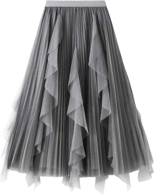 Waist Skirts Women's Ruffle Tulle Skirt Fairy Elastic High Waist Tutu Midi Skirt Elegant A-Line Swing Pleated Skirt Grey