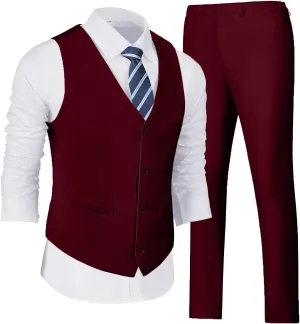 Wehilion Men's Suits 2 Pieces, Vest Pants Set for Men, V-Neck Slim Fit Casual Suit Waistcoat