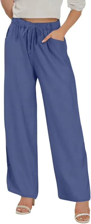 Wide Leg Cotton Linen Pants Women Casual Summer Elastic Waist Beach Pants Loose Fit Flowy Lounge Trousers with Pockets