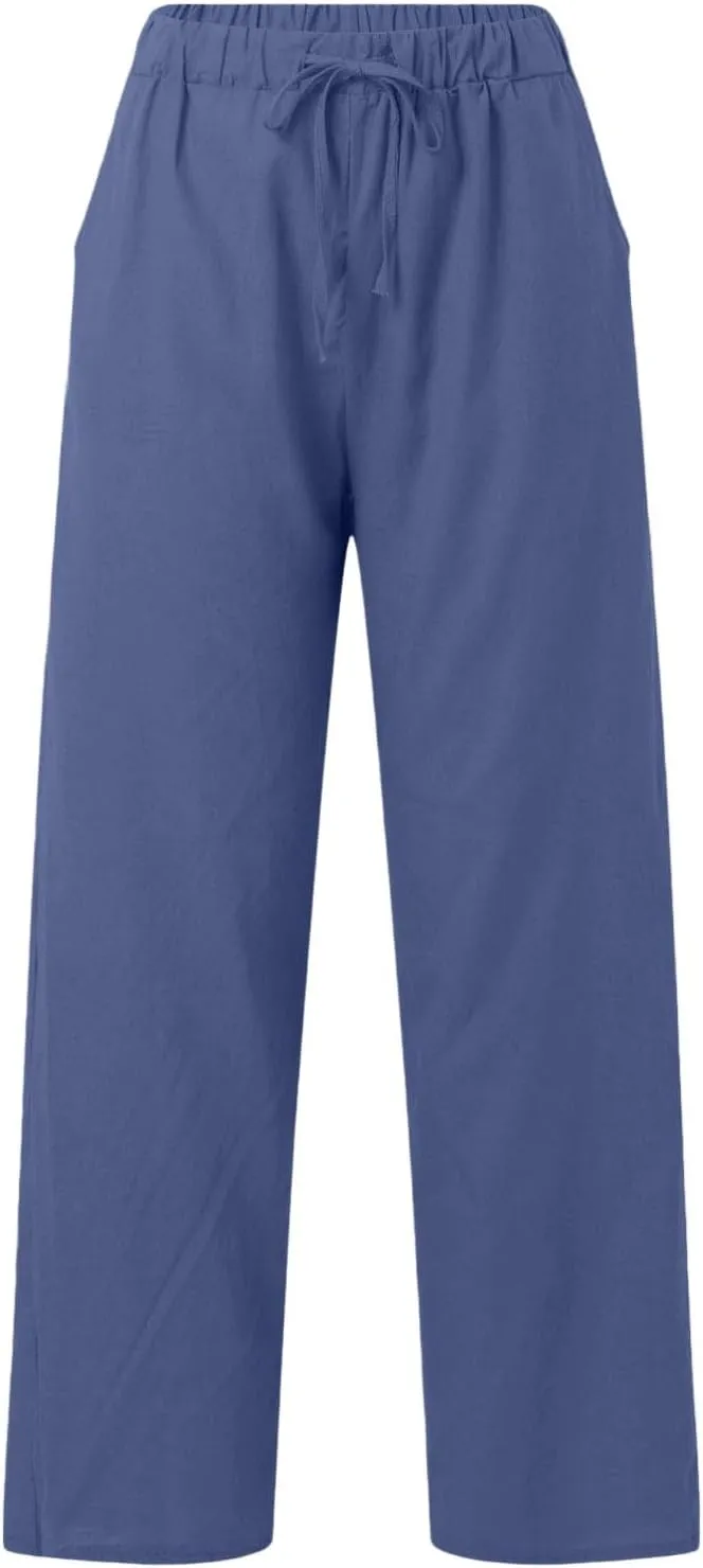 Wide Leg Cotton Linen Pants Women Casual Summer Elastic Waist Beach Pants Loose Fit Flowy Lounge Trousers with Pockets