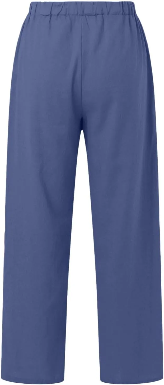 Wide Leg Cotton Linen Pants Women Casual Summer Elastic Waist Beach Pants Loose Fit Flowy Lounge Trousers with Pockets