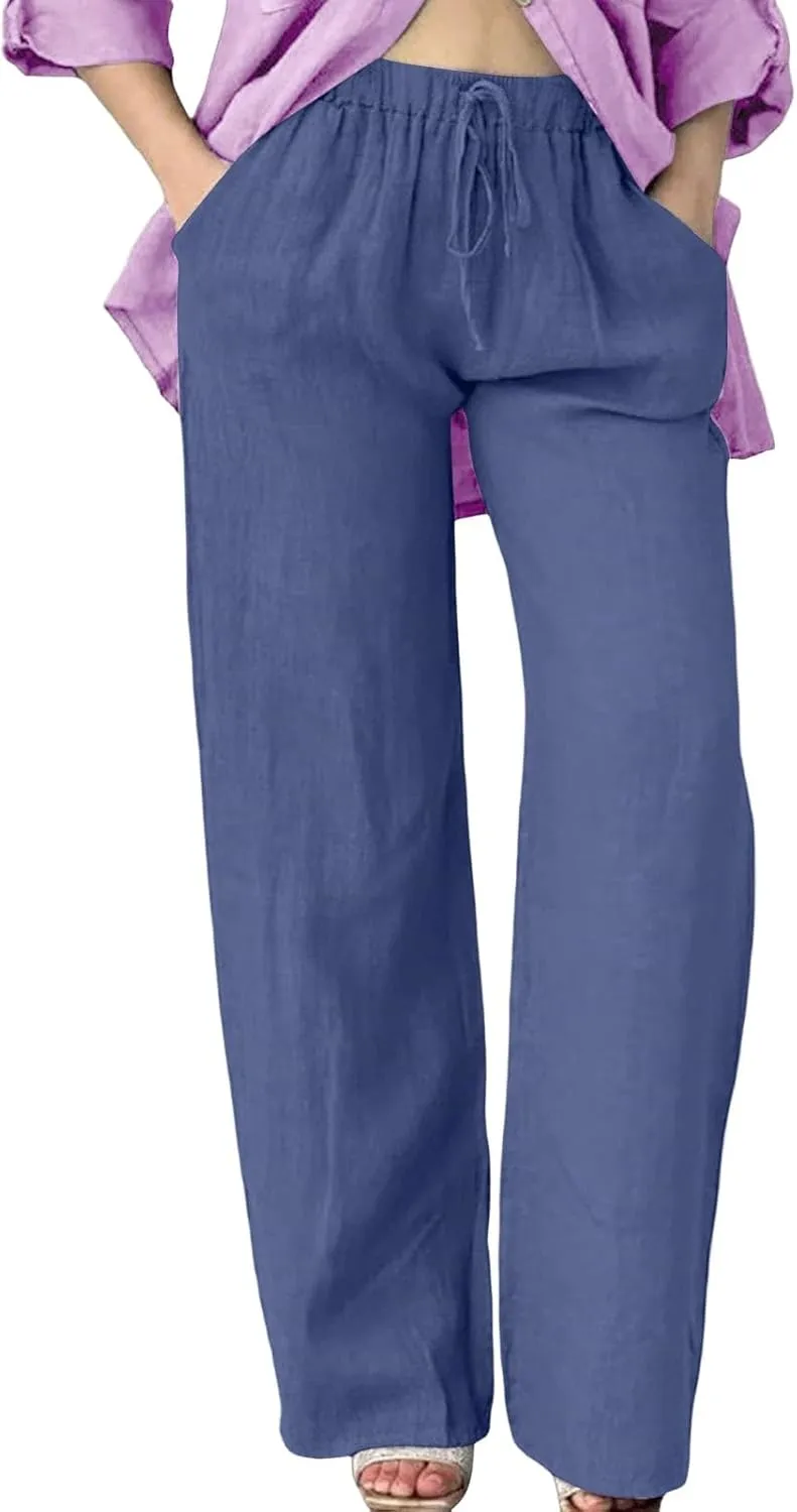 Wide Leg Cotton Linen Pants Women Casual Summer Elastic Waist Beach Pants Loose Fit Flowy Lounge Trousers with Pockets
