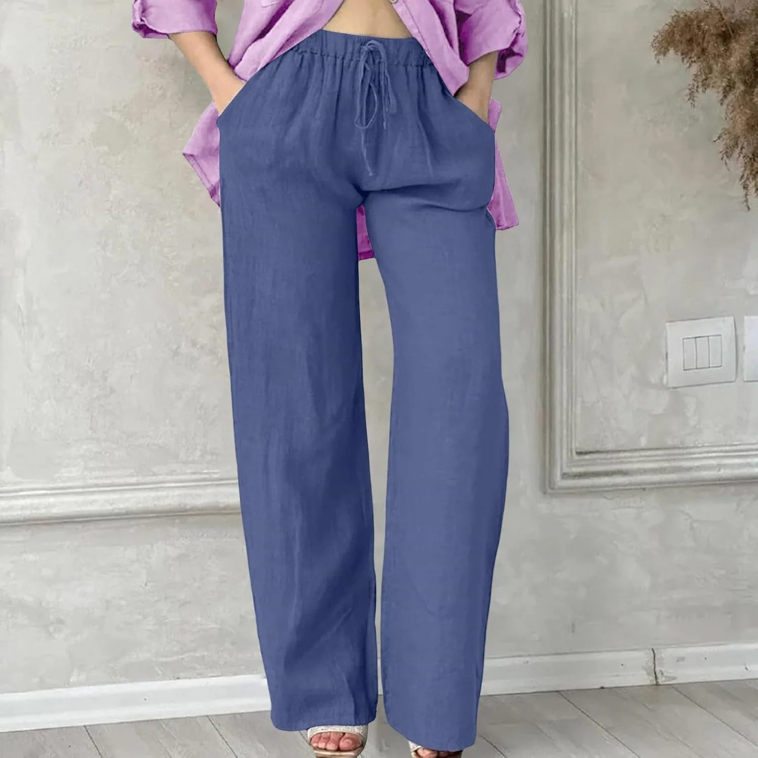Wide Leg Cotton Linen Pants Women Casual Summer Elastic Waist Beach Pants Loose Fit Flowy Lounge Trousers with Pockets
