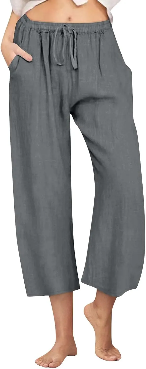 Wide Leg Cropped Pants for Women Summer Casual Linen Pants Drawstring Lightweight Comfy Beach Trousers with Pockets