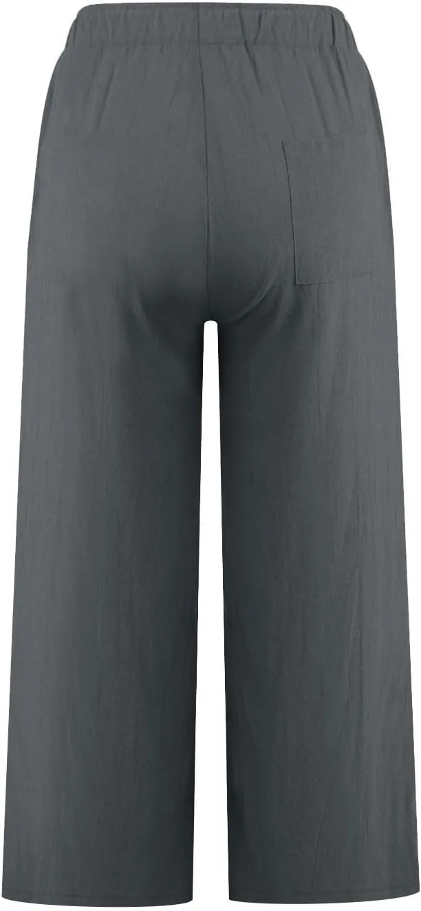Wide Leg Cropped Pants for Women Summer Casual Linen Pants Drawstring Lightweight Comfy Beach Trousers with Pockets