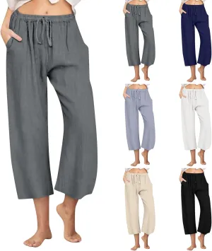 Wide Leg Cropped Pants for Women Summer Casual Linen Pants Drawstring Lightweight Comfy Beach Trousers with Pockets