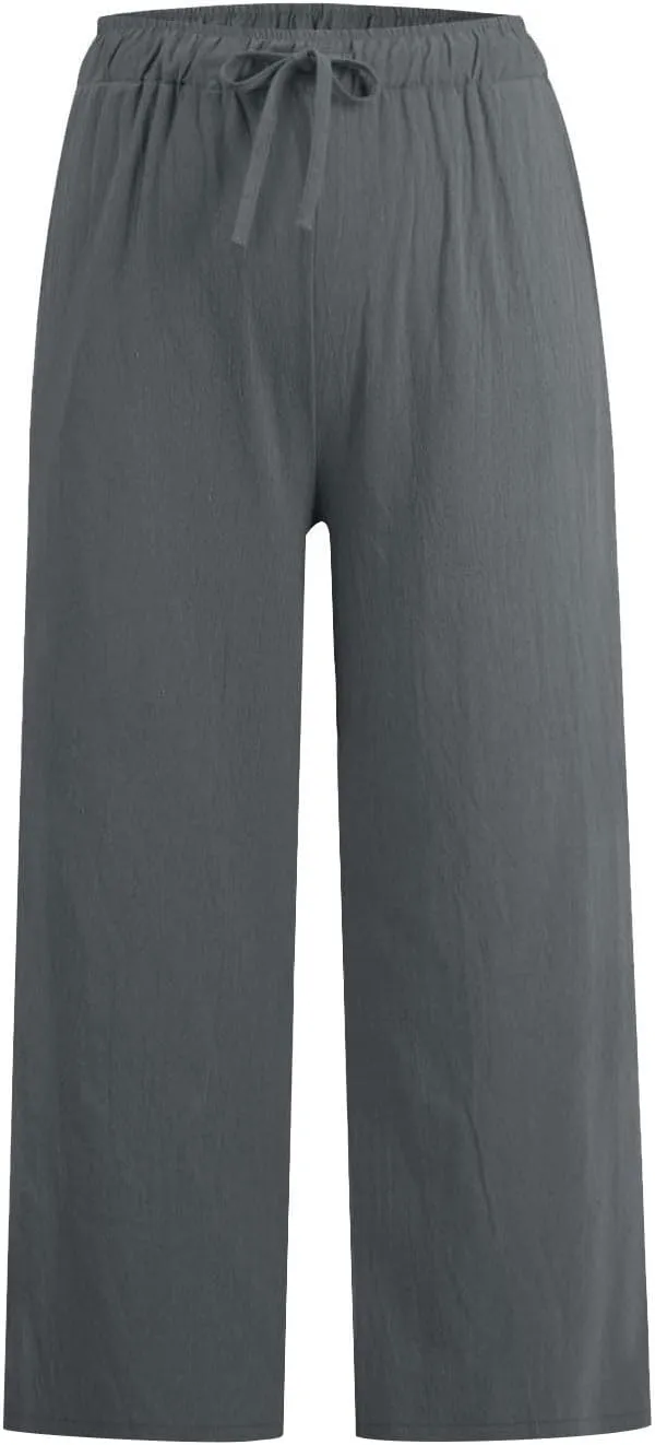 Wide Leg Cropped Pants for Women Summer Casual Linen Pants Drawstring Lightweight Comfy Beach Trousers with Pockets