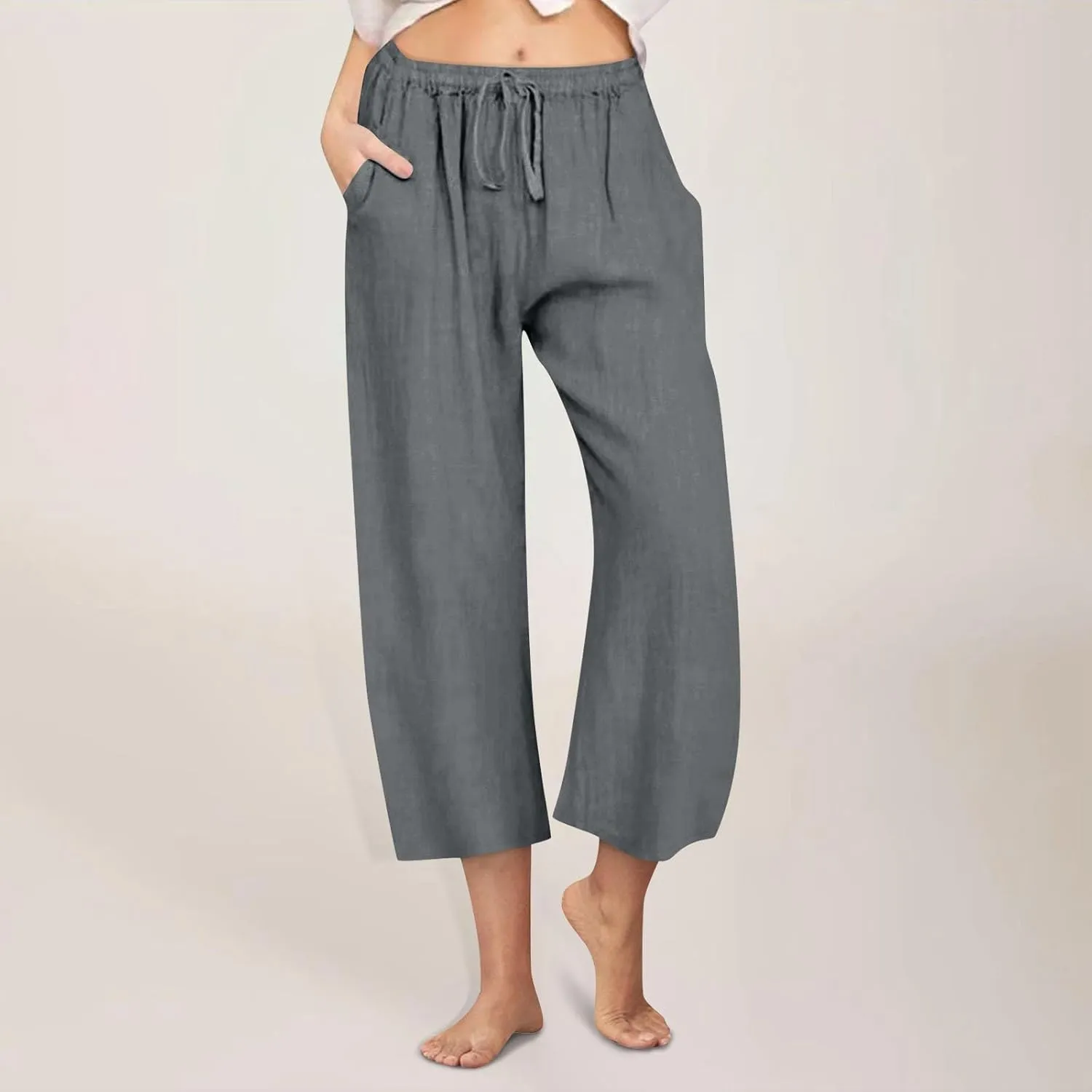 Wide Leg Cropped Pants for Women Summer Casual Linen Pants Drawstring Lightweight Comfy Beach Trousers with Pockets