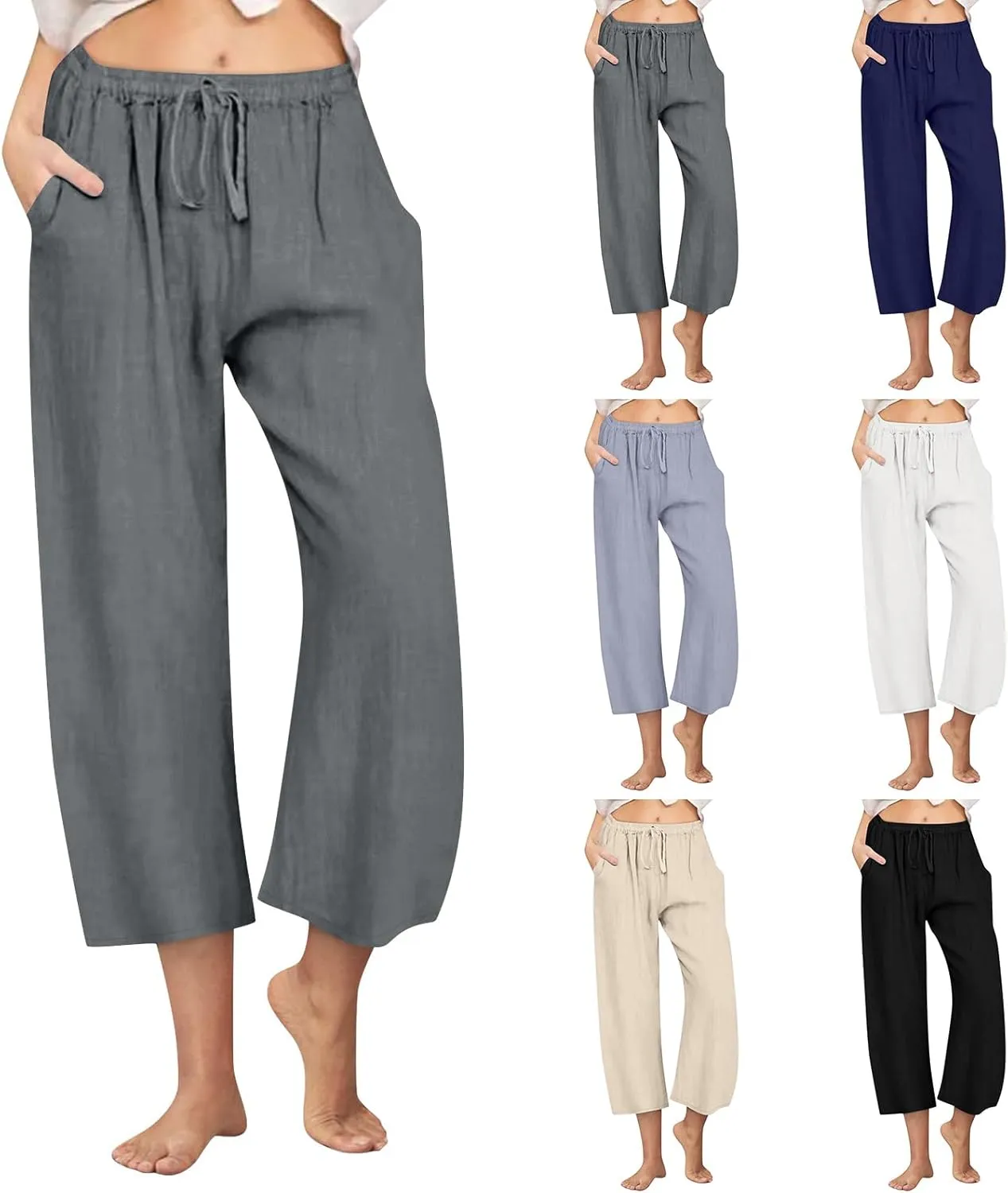 Wide Leg Cropped Pants for Women Summer Casual Linen Pants Drawstring Lightweight Comfy Beach Trousers with Pockets