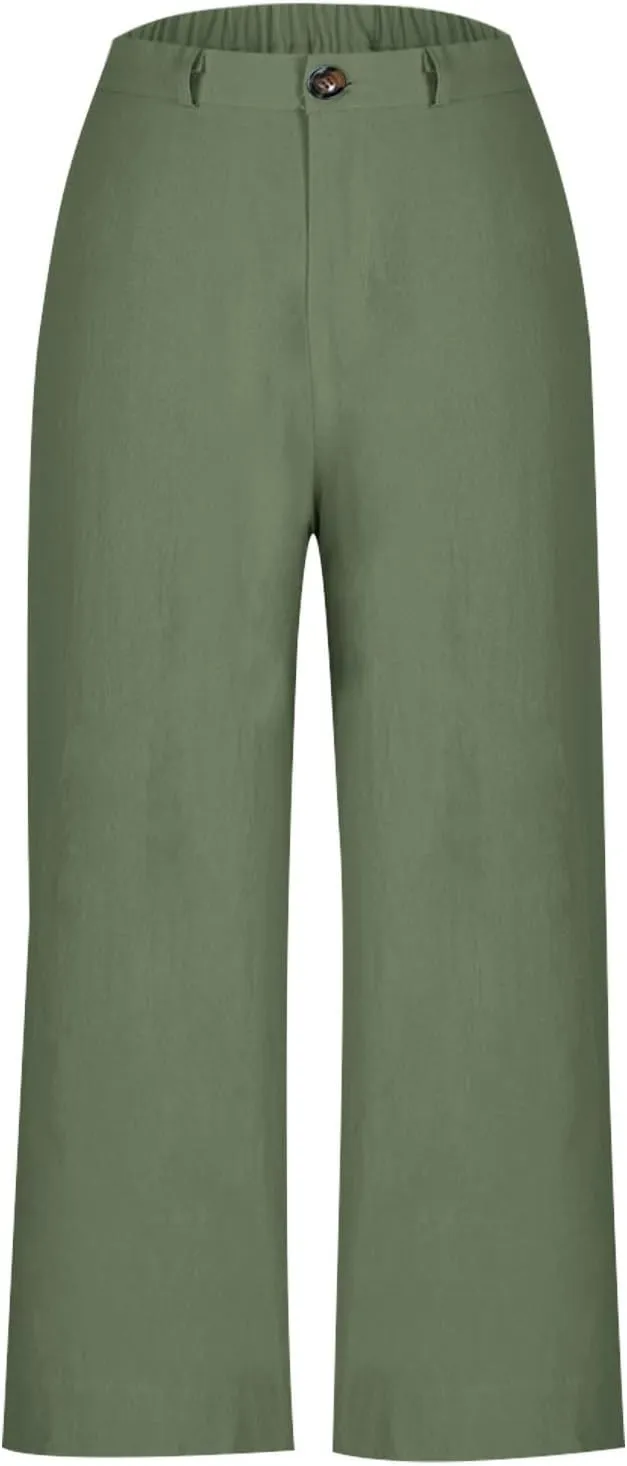 Wide Leg Dress Pants for Women High Waisted Business Work Casual Pants Summer Comfy Cropped Linen Palazzo Trousers