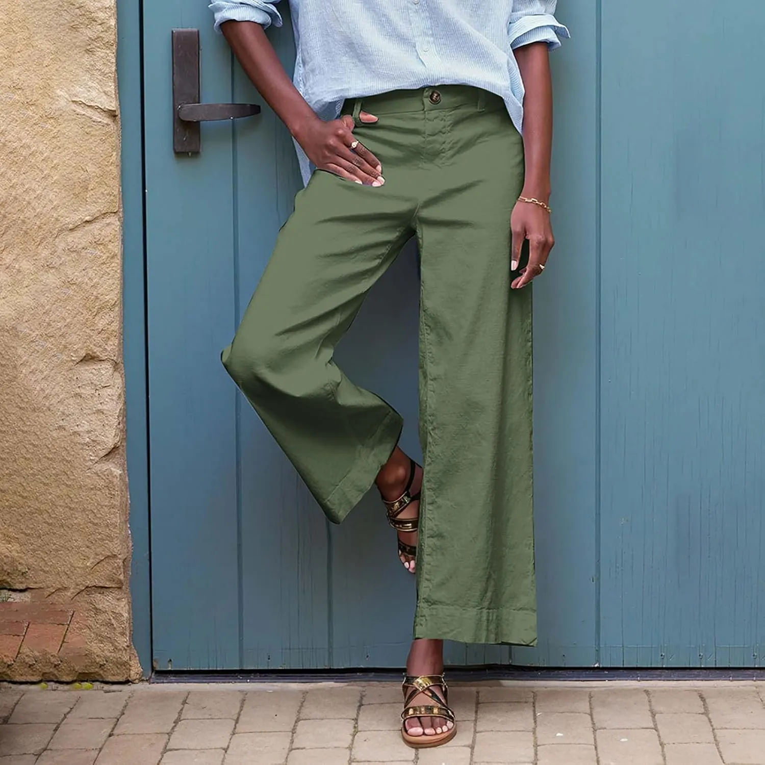 Wide Leg Dress Pants for Women High Waisted Business Work Casual Pants Summer Comfy Cropped Linen Palazzo Trousers
