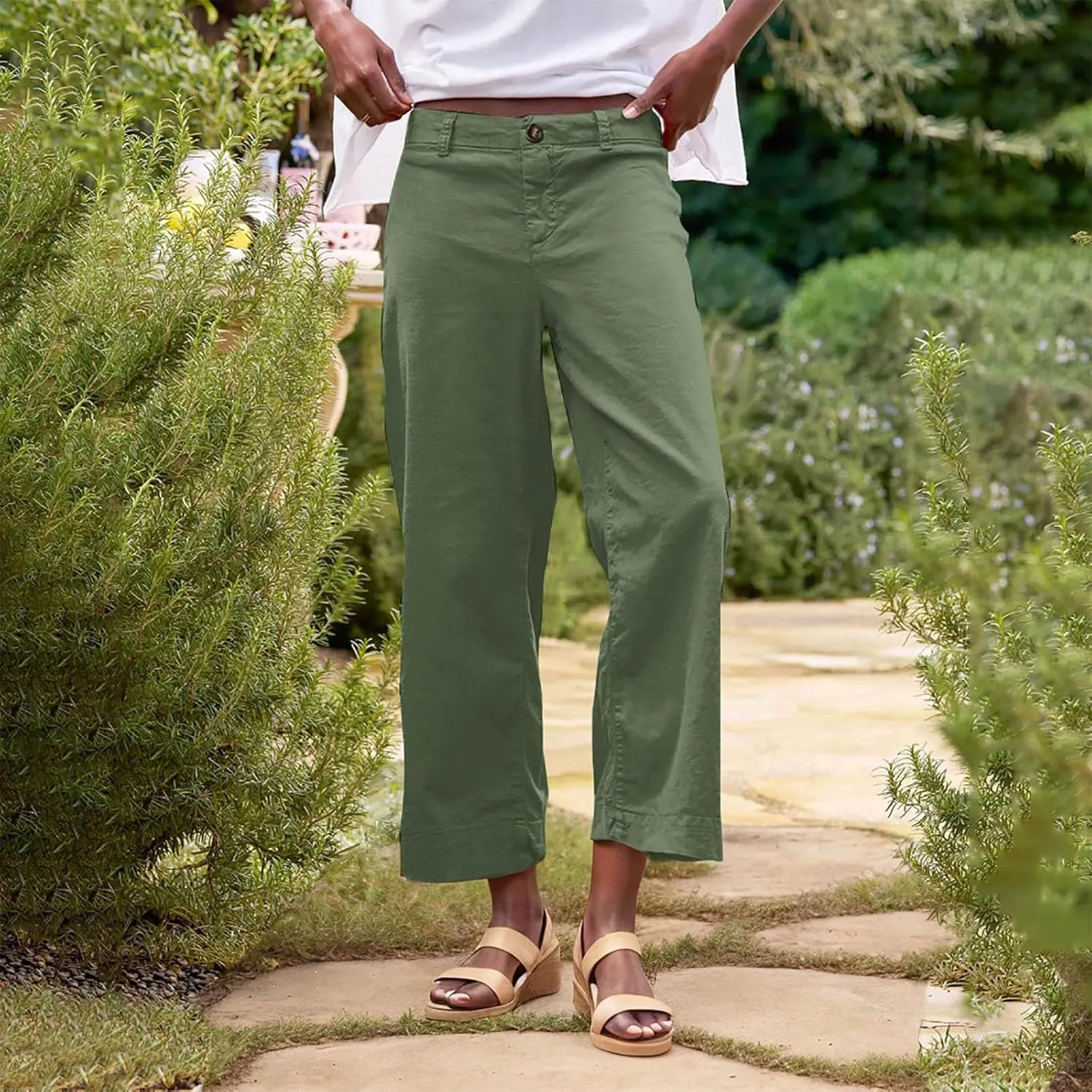 Wide Leg Dress Pants for Women High Waisted Business Work Casual Pants Summer Comfy Cropped Linen Palazzo Trousers