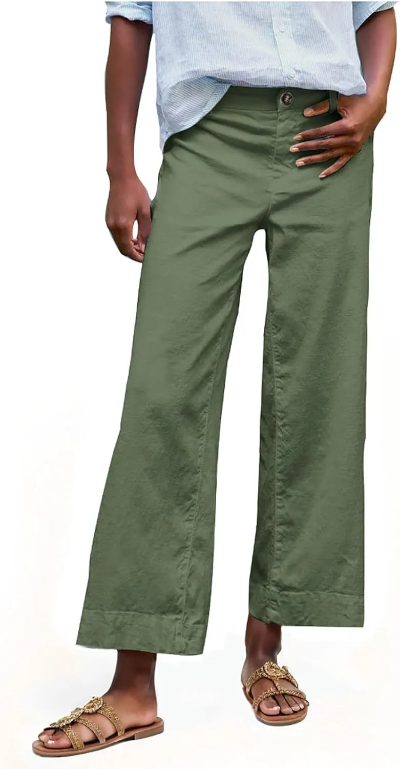 Wide Leg Dress Pants for Women High Waisted Business Work Casual Pants Summer Comfy Cropped Linen Palazzo Trousers