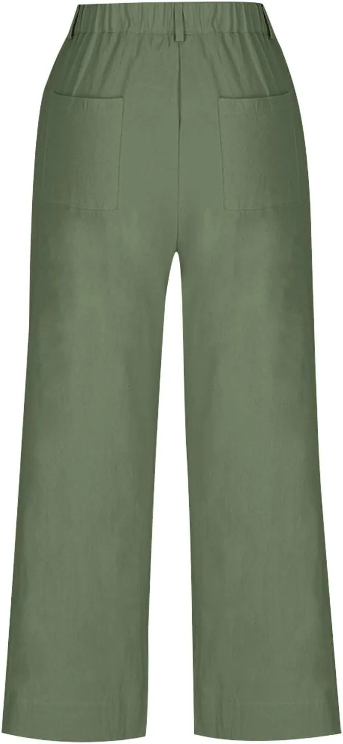 Wide Leg Dress Pants for Women High Waisted Business Work Casual Pants Summer Comfy Cropped Linen Palazzo Trousers