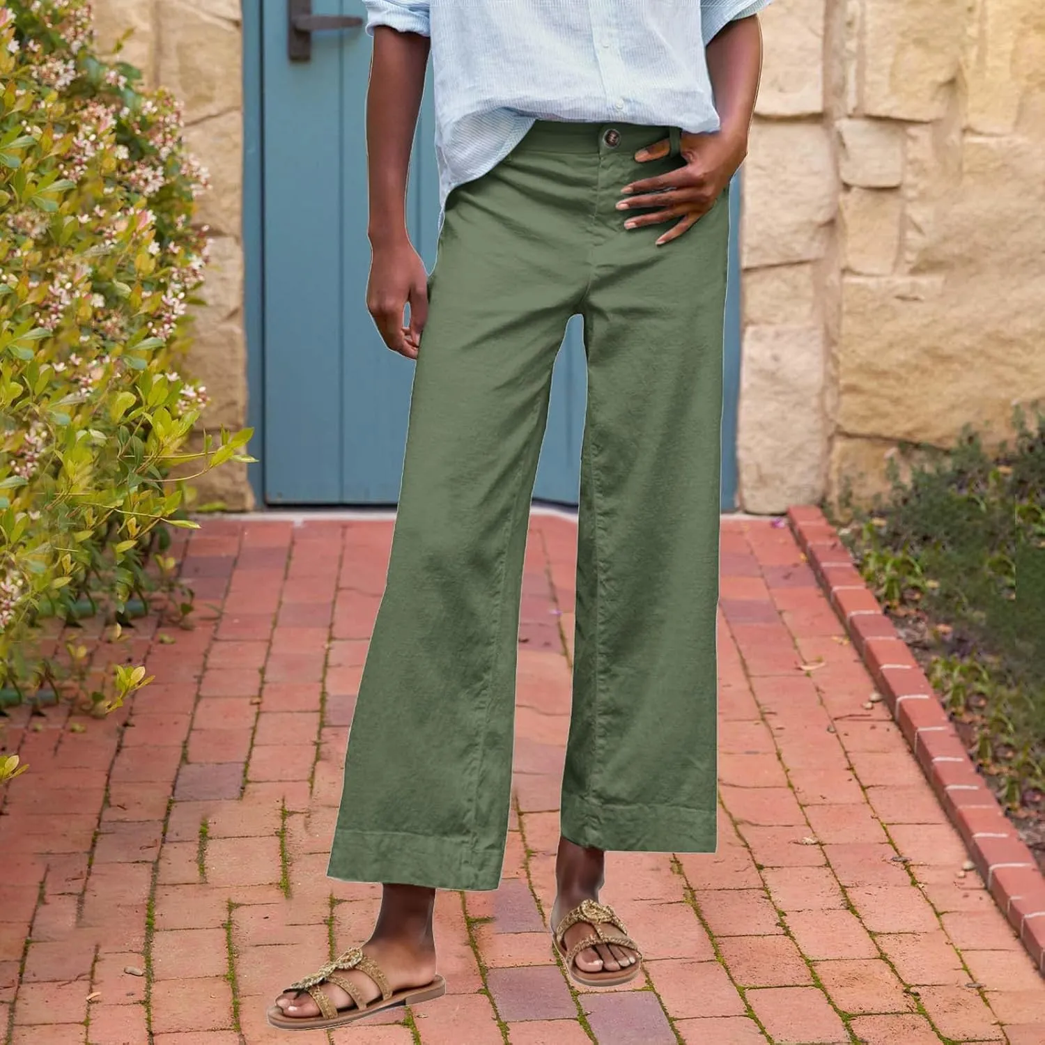 Wide Leg Dress Pants for Women High Waisted Business Work Casual Pants Summer Comfy Cropped Linen Palazzo Trousers
