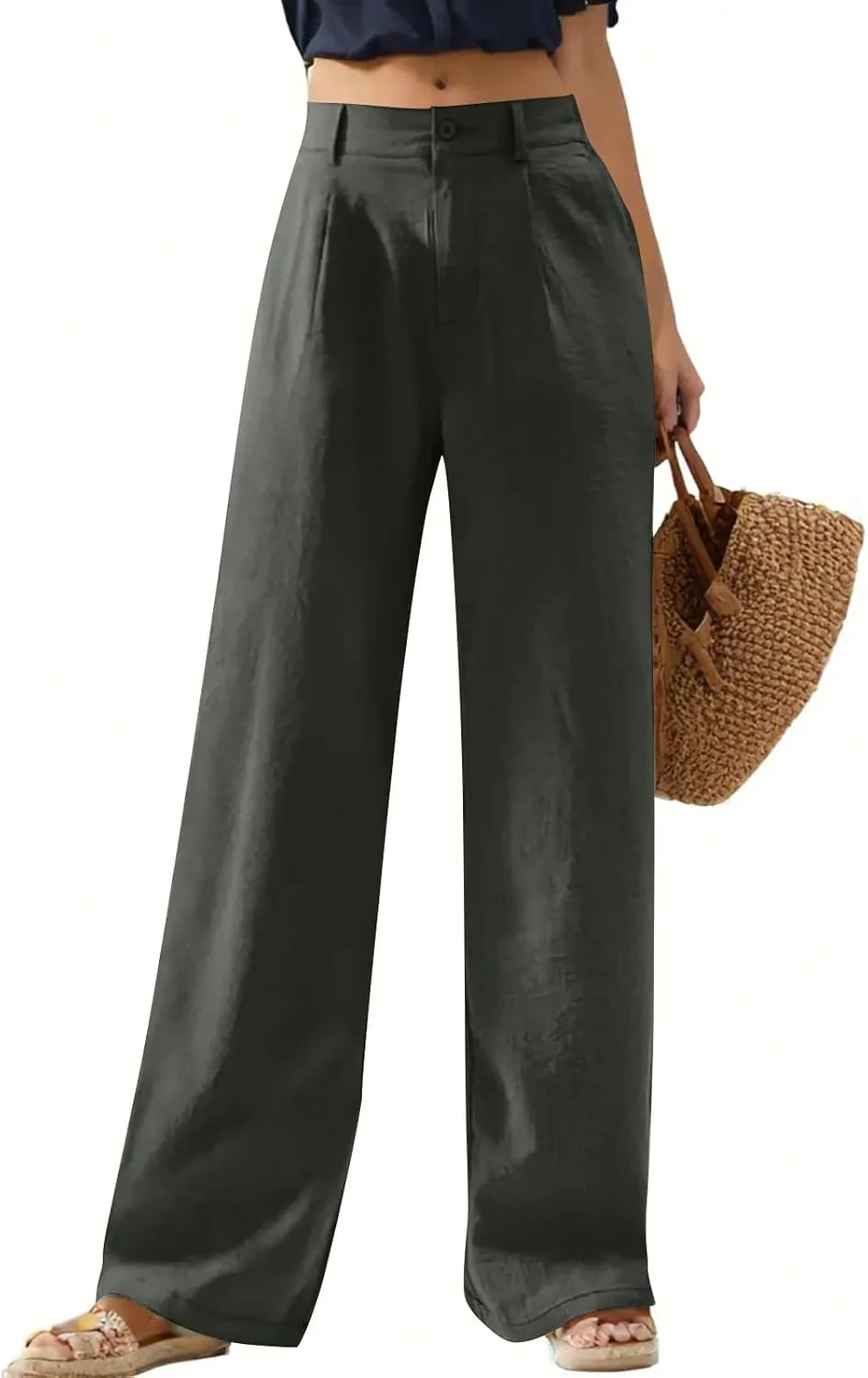 Wide Leg Linen Pants for Women 2025 Trendy Lightweight Summer Palazzo Pants Straight Leg Work Trousers with Pockets