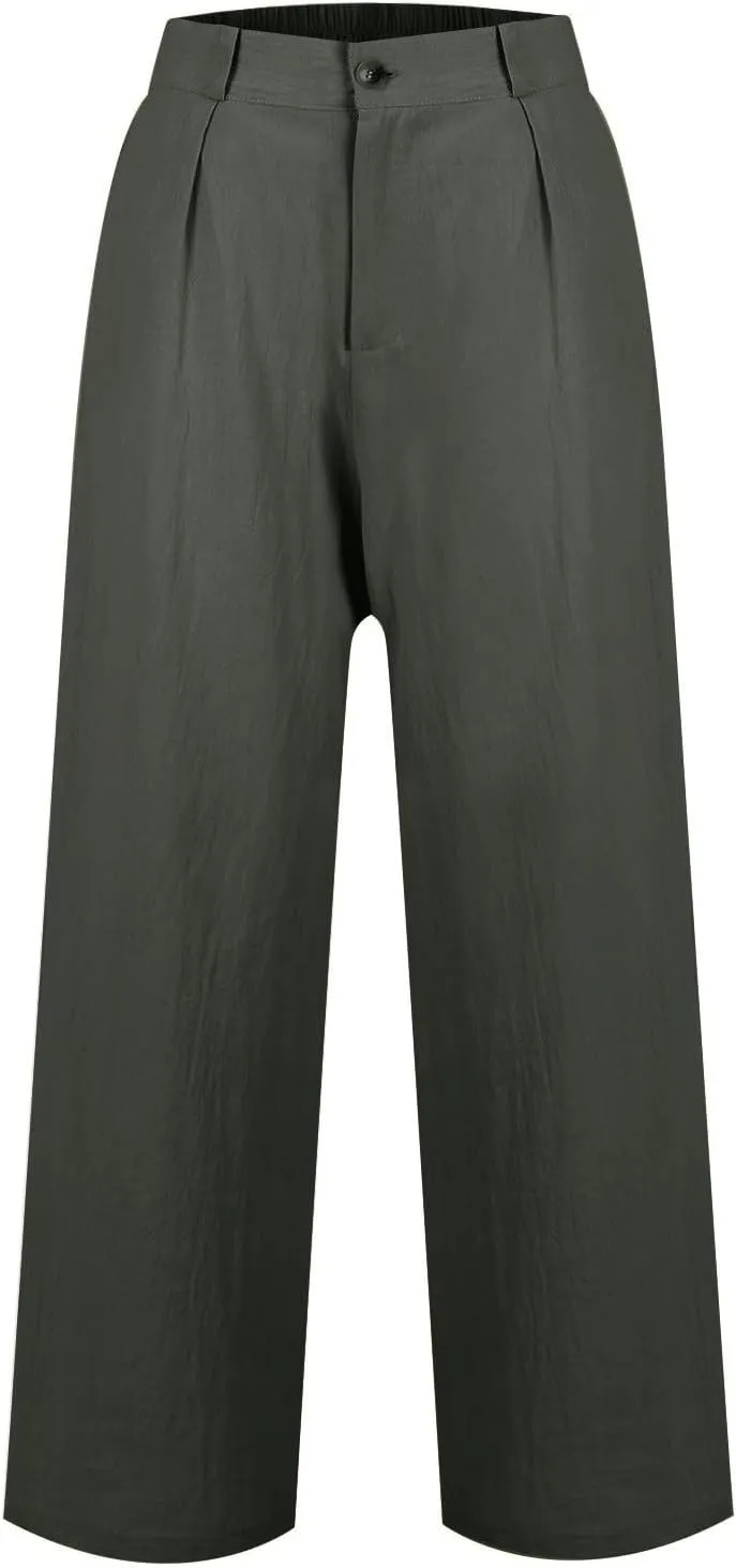 Wide Leg Linen Pants for Women 2025 Trendy Lightweight Summer Palazzo Pants Straight Leg Work Trousers with Pockets