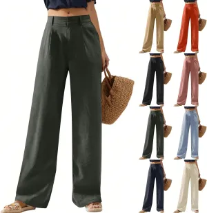 Wide Leg Linen Pants for Women 2025 Trendy Lightweight Summer Palazzo Pants Straight Leg Work Trousers with Pockets