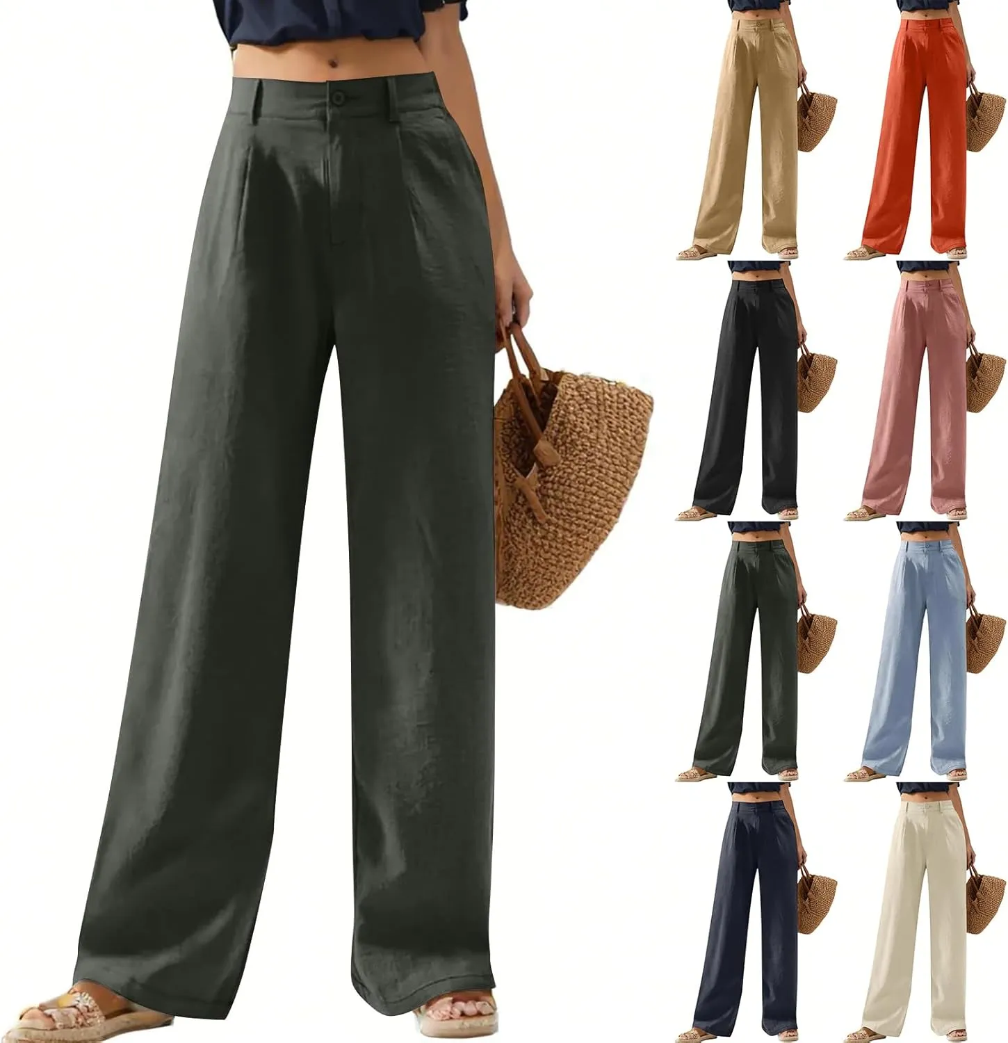 Wide Leg Linen Pants for Women 2025 Trendy Lightweight Summer Palazzo Pants Straight Leg Work Trousers with Pockets
