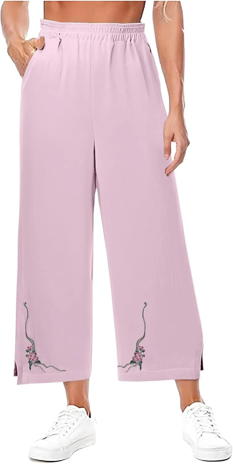 Wide Leg Linen Pants for Women Vintage Floral Embroidered Cropped Trousers High Elastic Waist Summer Beach Pants