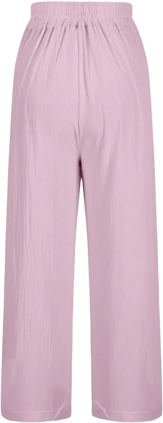Wide Leg Linen Pants for Women Vintage Floral Embroidered Cropped Trousers High Elastic Waist Summer Beach Pants